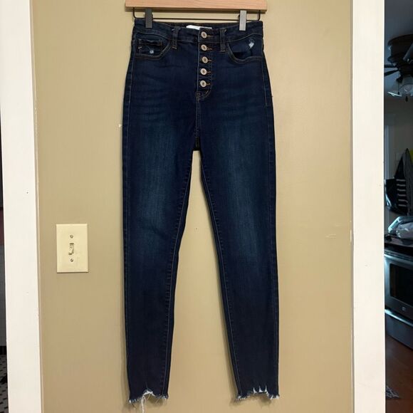 KanCan High Rise Dark Destructed Raw Hem Button Fly Skinny Jean Size 5/26 - Picture 1 of 10